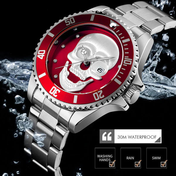 L'orologio PACOSHOP con teschio 3D argento rosso presenta un audace design a teschio, una lunetta rossa e una classificazione impermeabile 30M, ideale per la pioggia o il nuoto. Il resistente orologio in acciaio inossidabile offre uno stile duraturo tra gli schizzi.