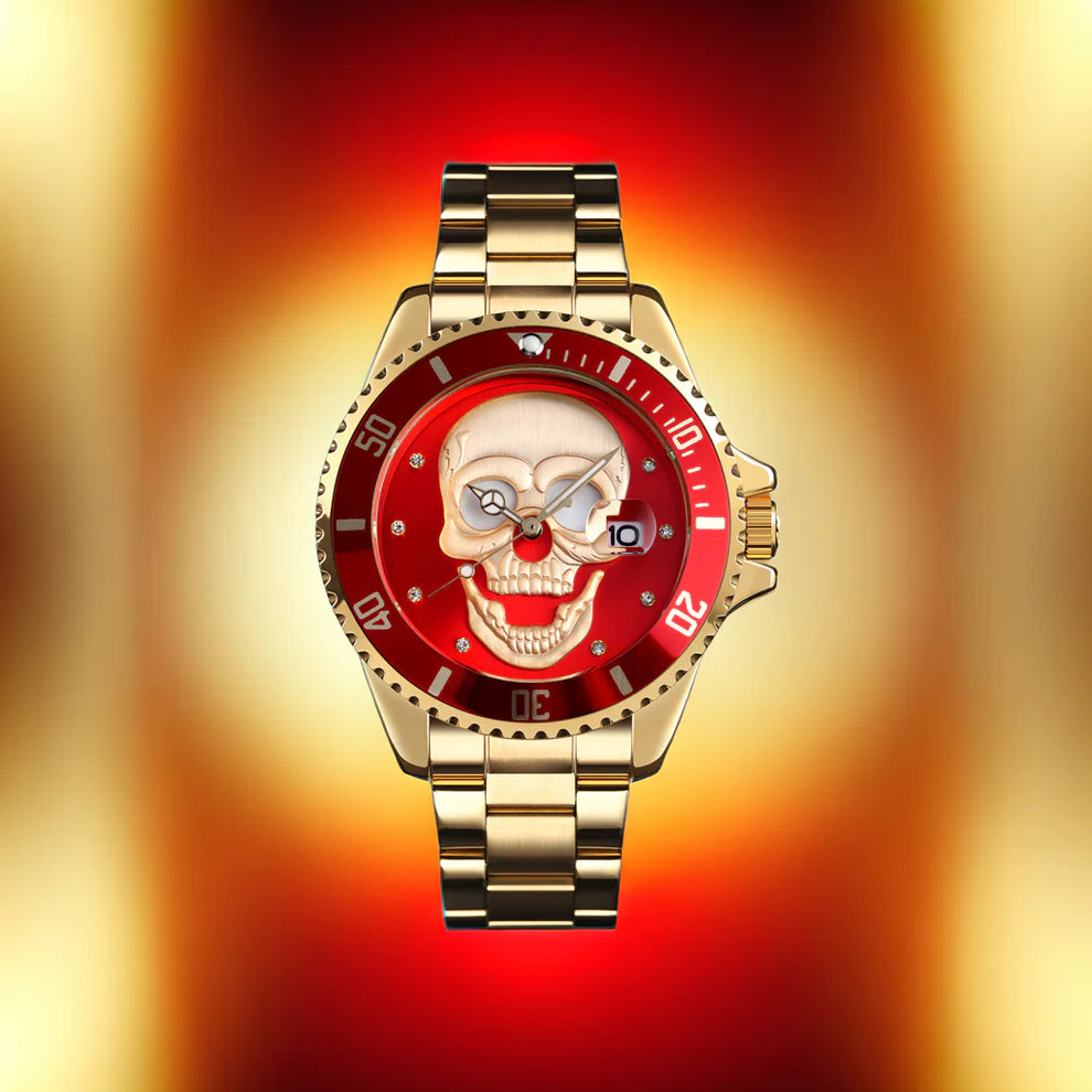 L'Orologio con teschio 3D gold red di PACOSHOP presenta un audace quadrante rosso con un sorprendente disegno di teschio 3D al centro, su uno sfondo vibrante e sfumato.
