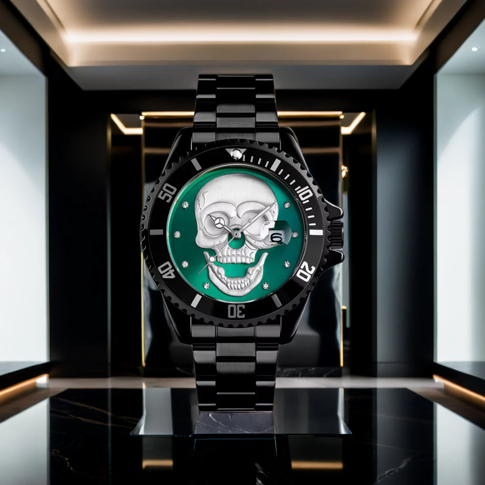 L'orologio PACOSHOP con teschio 3D nero verde, caratterizzato da un audace teschio bianco su un quadrante verde in una cassa in metallo nero, è esposto su uno stand in uno showroom elegante, moderno e ben illuminato.