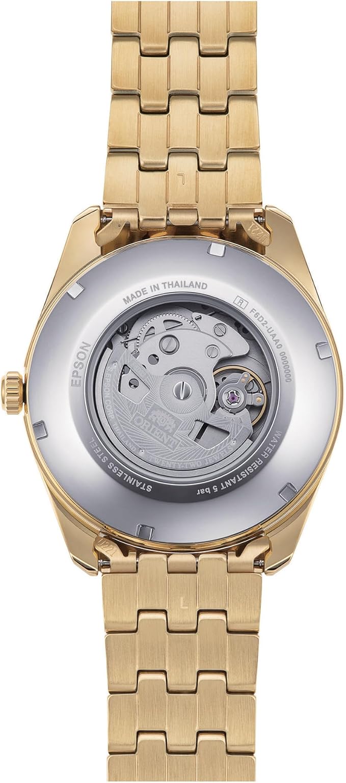 Il fondello dell'Orient Multi Year Calendar Automatico RA-BA0001G30B mostra una fascia in acciaio inossidabile, il movimento meccanico a vista e le incisioni "Made in Thailand", che riflettono lo stile raffinato di questo Orient orologio uomo multifunzione.