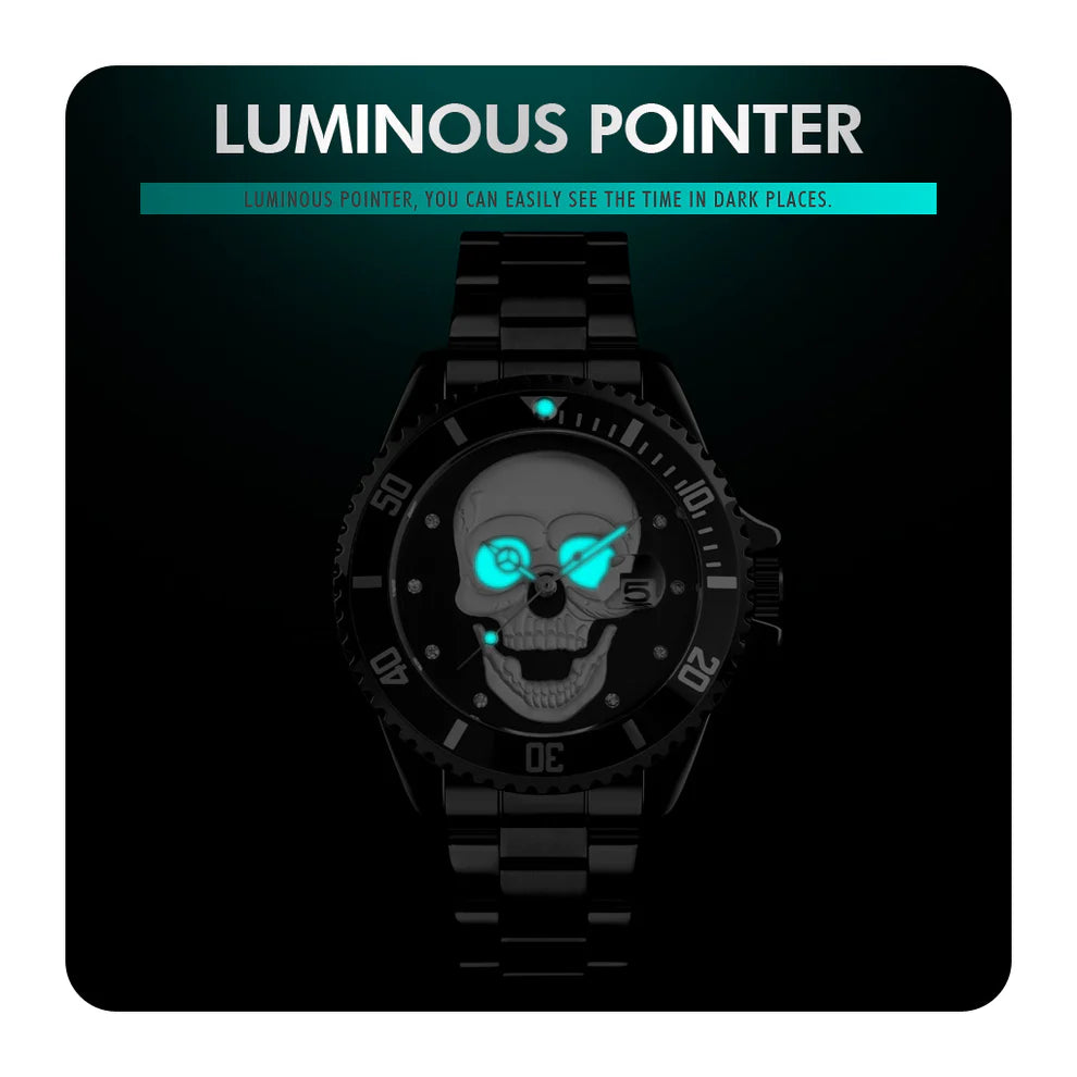 L'orologio PACOSHOP con teschio 3D nero blu è dotato di lancette luminose e di un puntatore luminoso per una facile lettura al buio, mentre il testo sopra e sotto mostra il suo impressionante design al quarzo fosforescente.