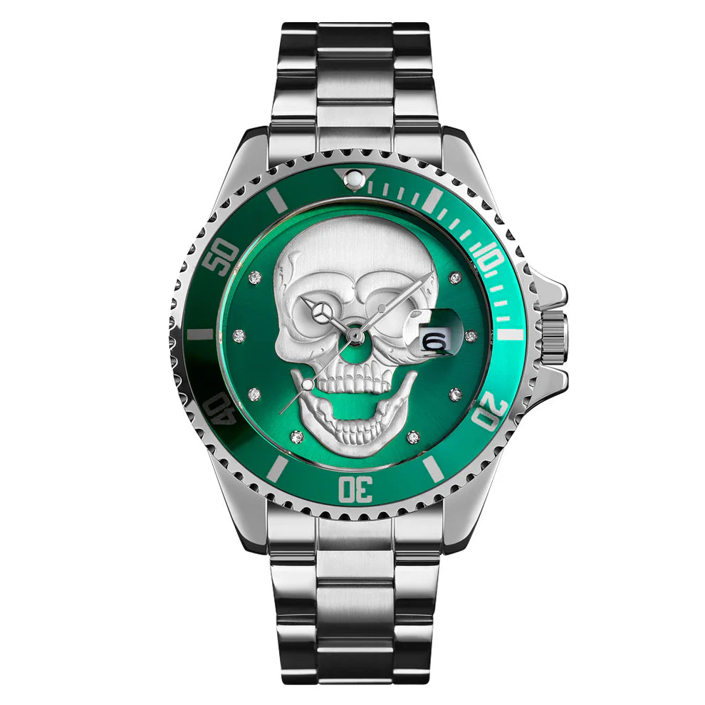 Il PACOSHOP Orologio con teschio 3D silver green è caratterizzato da cassa in acciaio, lunetta verde, datario, indici a forma di diamante e un audace teschio sul quadrante: l'ideale per chi ama lo stile unico.