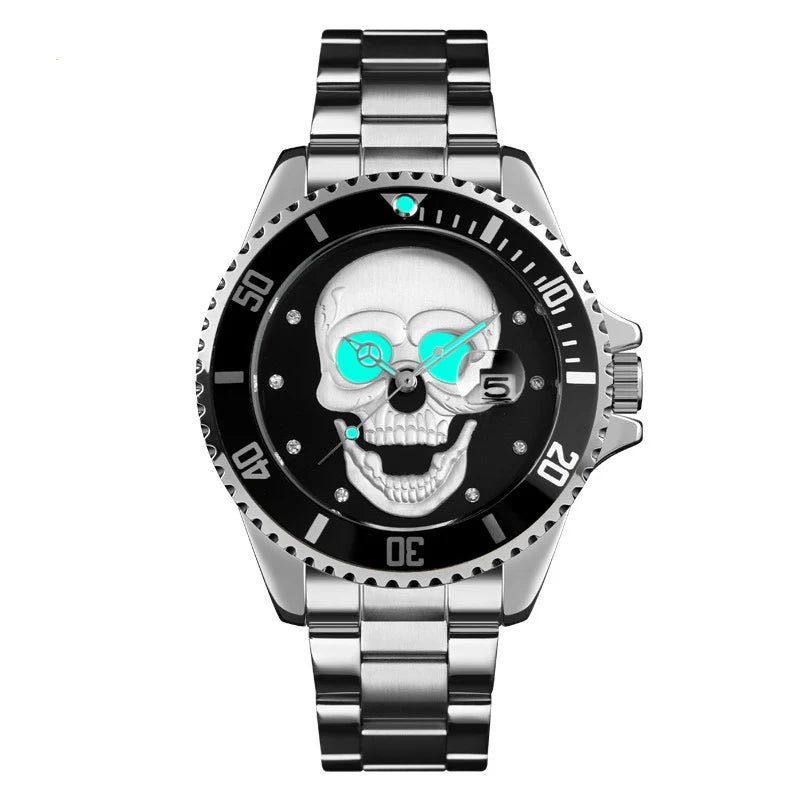 L'Orologio con teschio 3D Silver Black di PACOSHOP è un orologio in acciaio inossidabile color argento con un quadrante a forma di teschio, dettagli blu, indici bianchi, lunetta nera e un resistente cinturino metallico.