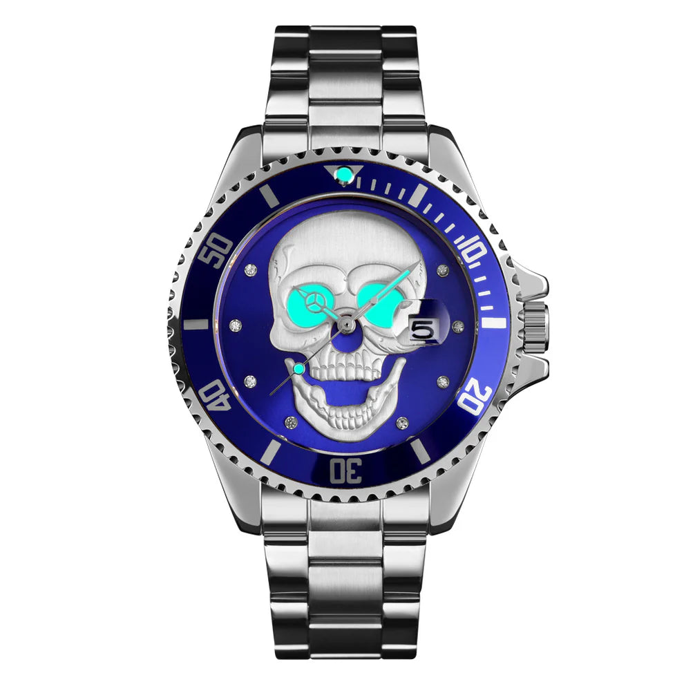 Il PACOSHOP Orologio con teschio 3D silver blue è un sorprendente orologio al quarzo in acciaio inossidabile con quadrante argentato a forma di teschio, lunetta blu, indici in cristallo, lancette bianche e blu e datario: un accessorio che attira l'attenzione.