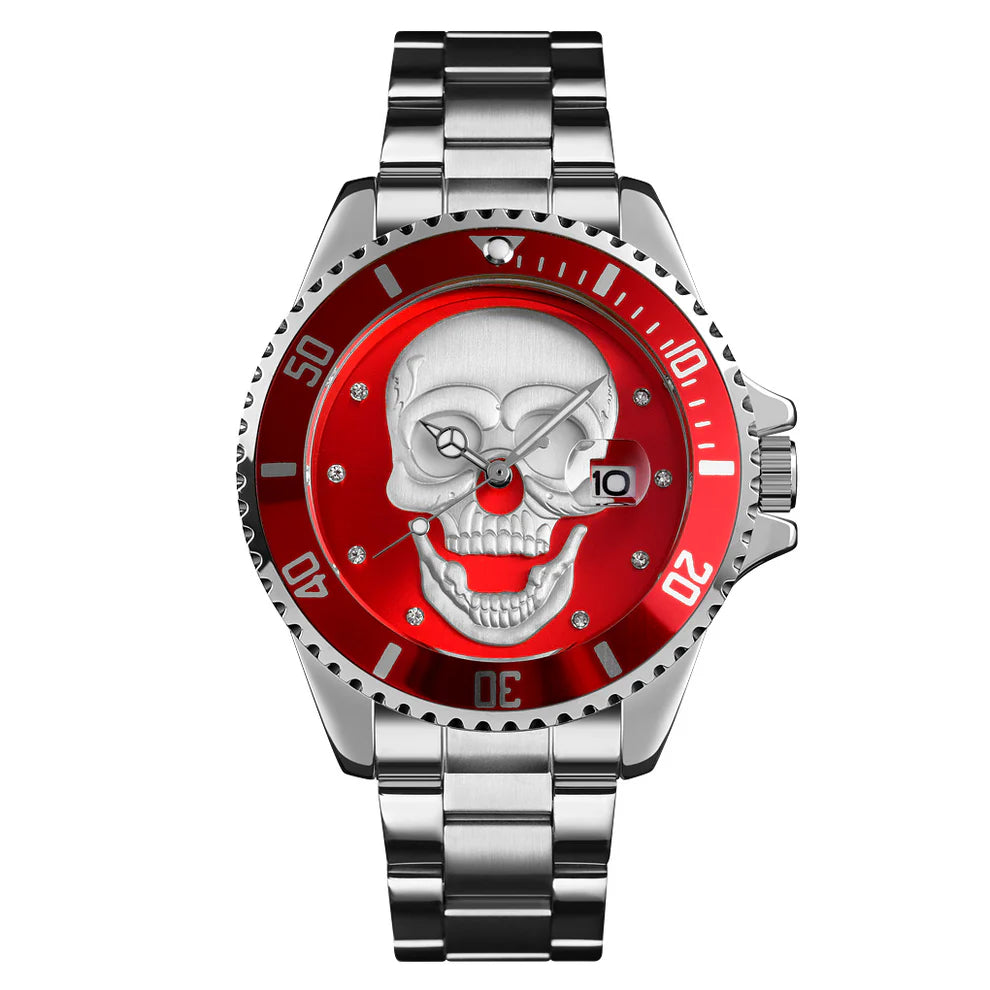 Il PACOSHOP Orologio con teschio 3D silver red vanta un design audace a forma di teschio, un cinturino in metallo argentato, un'accattivante lunetta rossa e indici a forma di diamante con datario a finestrella a ore 3: l'ideale per distinguersi.
