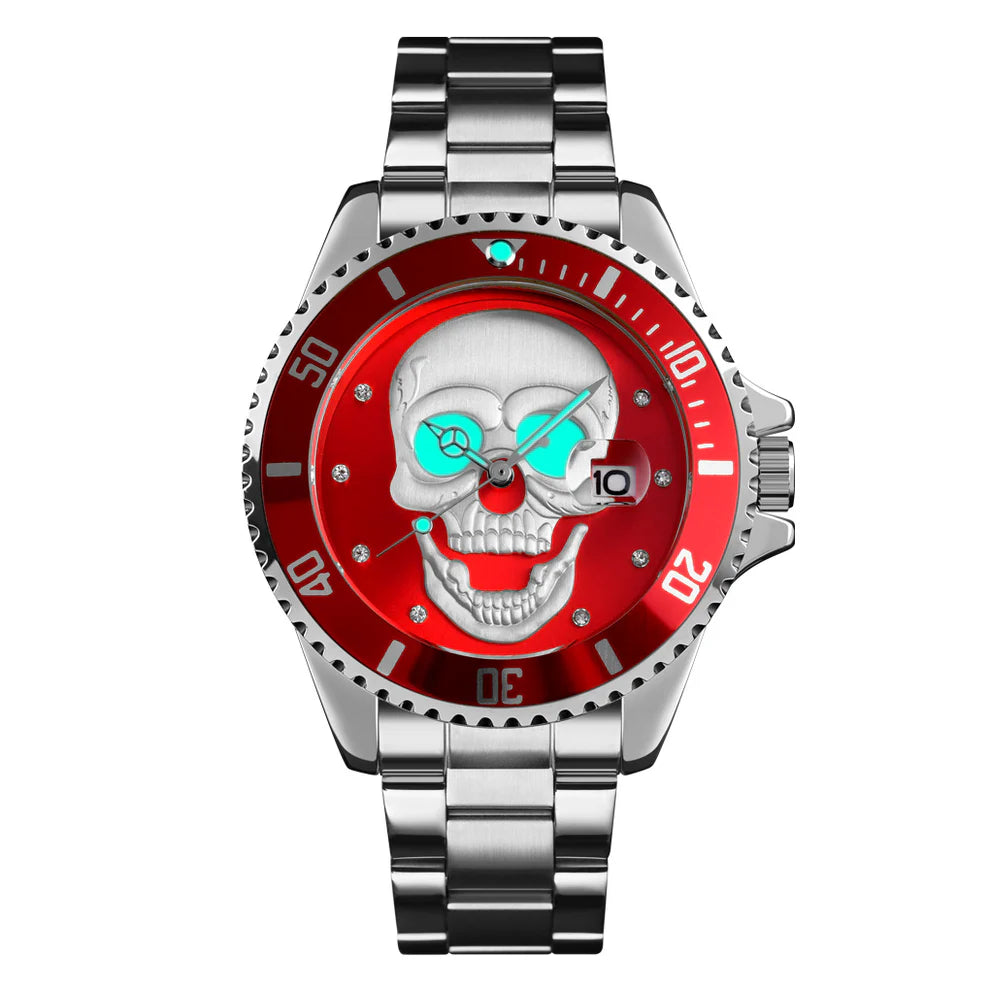 Il PACOSHOP Orologio con teschio 3D silver red è un orologio in acciaio inossidabile con cinturino metallico, lunetta rossa, lancette turchesi e teschio 3D bianco sul quadrante. La finestrella del datario indica il 10 per un maggiore dettaglio.