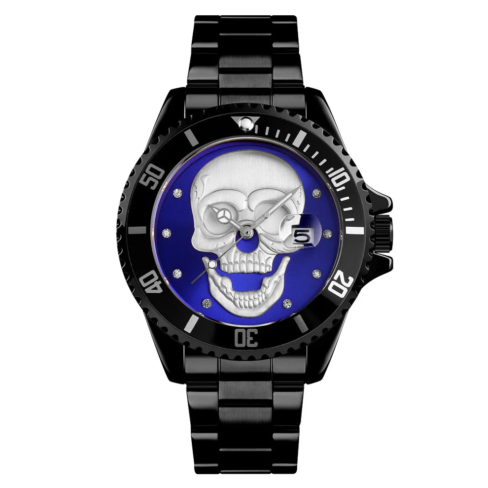 Il PACOSHOP Orologio con teschio 3D nero blu è un orologio in metallo nero con quadrante blu, teschio argentato, indici argentati, datario a ore 3 e struttura in acciaio inossidabile resistente.