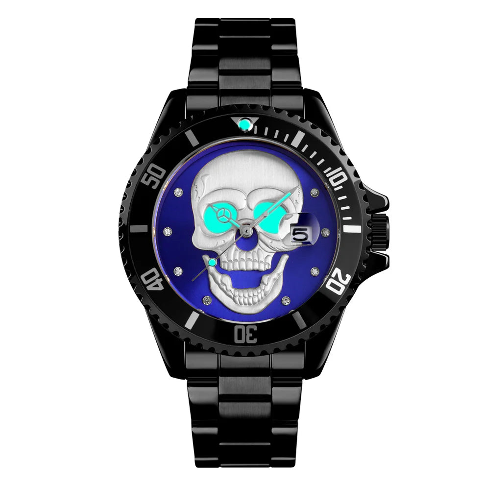 Il PACOSHOP Orologio con teschio 3D black blue è un audace orologio da polso in metallo nero con quadrante blu e argento, teschio sorridente, lancette luminose turchesi, datario, realizzato in acciaio inossidabile.