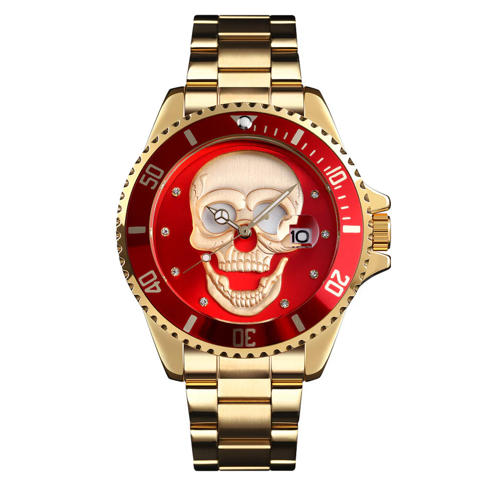 Il PACOSHOP Orologio con teschio 3D oro rosso è un orologio da polso in oro con un audace motivo a teschio, lunetta e quadrante rossi, movimento al quarzo e data a ore 3. Le lancette delle ore e dei minuti si muovono sul disegno centrale.