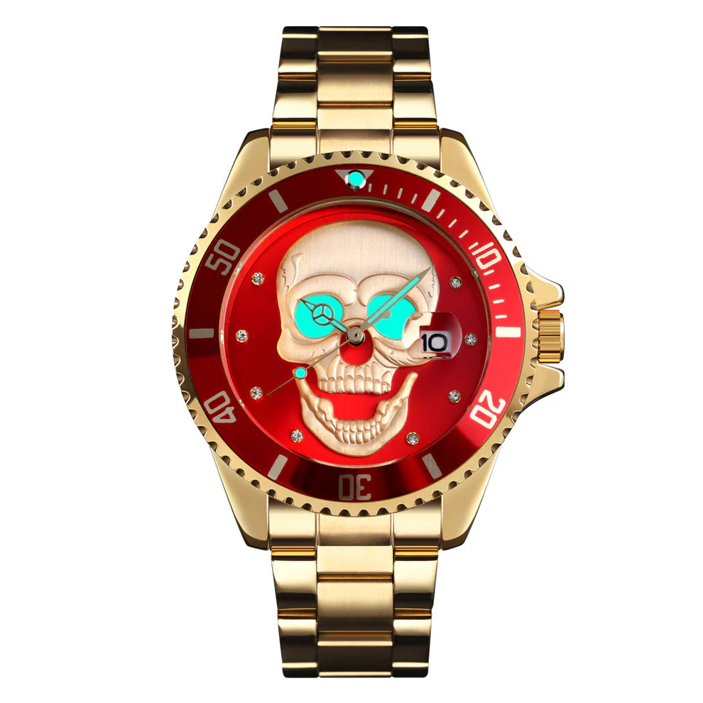 L'Orologio con teschio 3D gold red di PACOSHOP è caratterizzato da un audace quadrante a forma di teschio, cinturino in metallo dorato, lunetta rossa, lancette turchesi e datario a finestrella a ore 3. Un orologio al quarzo che si fa notare.