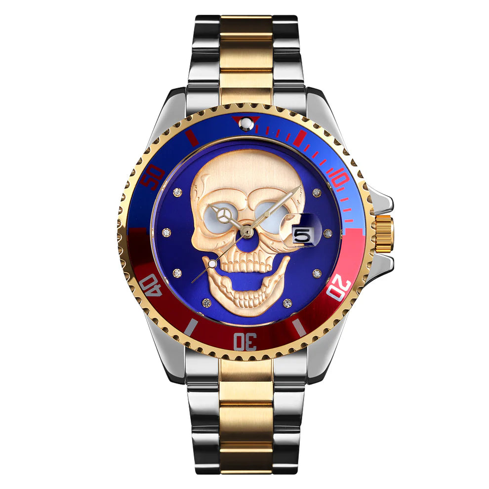 L'Orologio con teschio 3D oro argento blu di PACOSHOP presenta una fascia in metallo oro e argento, una lunetta blu e rossa, un quadrante con teschio oro e un datario a ore 3. Un orologio al quarzo audace ed elegante che unisce lusso e precisione.