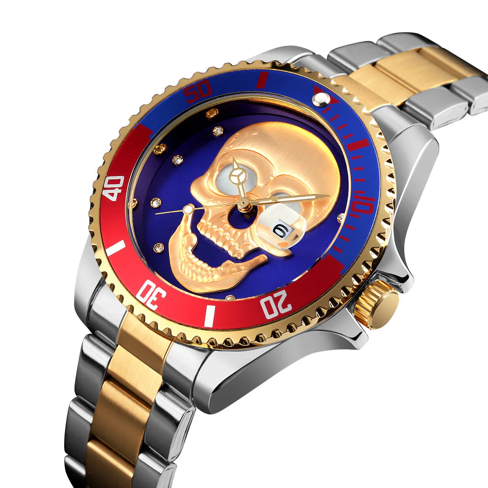 L'Orologio con teschio 3D oro argento blu di PACOSHOP presenta un teschio d'oro sul quadrante, una lunetta blu e rossa, la data alle 9 e una fascia mista oro-argento - un pezzo di grande effetto orologio al quarzo.