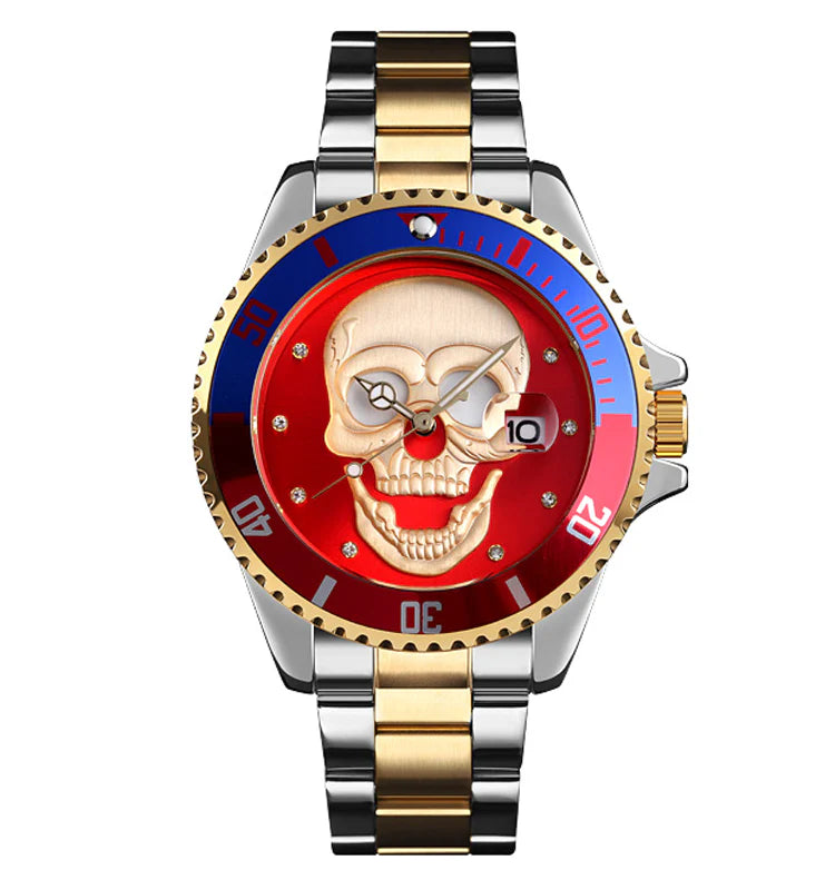 L'orologio PACOSHOP con teschio 3D oro argento rosso presenta un cinturino in oro e argento, lunetta rossa e blu, teschio 3D in oro su quadrante rosso, indici a diamante e datario in robusto acciaio inossidabile.