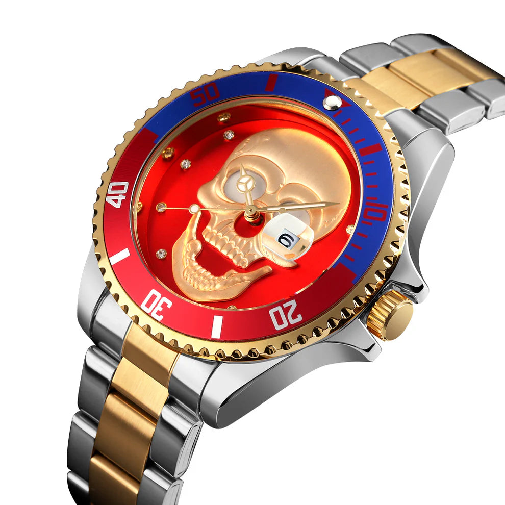 L'orologio PACOSHOP con teschio 3D oro argento rosso è caratterizzato da un'elegante fascia in argento e oro, da un audace teschio in oro su un quadrante rosso e oro, da una lunetta blu e rossa e da un comodo display per il calendario.