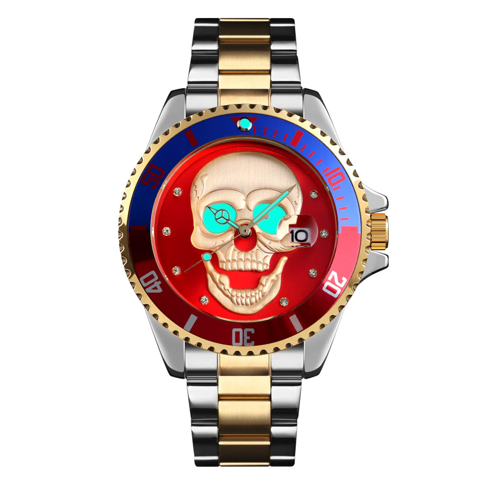 L'orologio PACOSHOP con teschio 3D oro argento rosso è caratterizzato da un cinturino in metallo oro e argento, un'audace lunetta rossa, un grande teschio dorato, lancette turchesi e datario per un orologio da polso al quarzo di grande effetto.