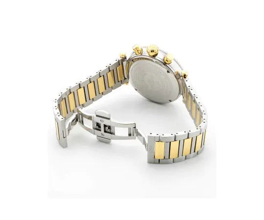 Il Roamer Toscana 994837474520 orologio da uomo è caratterizzato da un bracciale a maglie bicolore in acciaio inossidabile e oro, visibile dal retro con la fibbia aperta e il quadrante dell'orologio rivolto verso l'esterno.