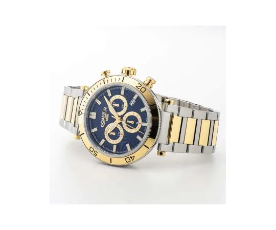 Roamer Toscana 994837474520 orologio da uomo bicolore con quadrante blu, lunetta dorata e cinturino in acciaio inox oro e argento. Presenta tre contatori cronografici, datario, indici dorati e il marchio Roamer.