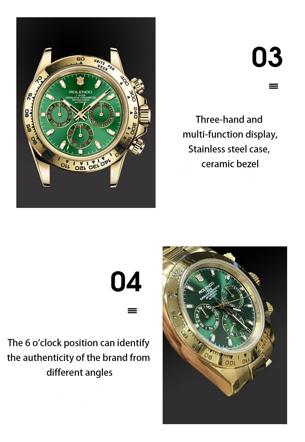 L'Orologio automatico uomo cronografo in oro e verde PACOSHOP24.COM è esposto frontalmente e angolato, mostrando l'indicazione delle tre lancette, la cassa in acciaio, la lunetta in ceramica, il vetro in cristallo di zaffiro e l'indicatore di autenticità a ore 6.