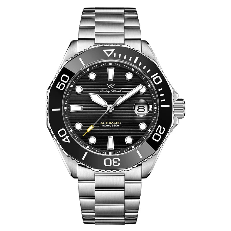L'Orologio Automatico Acciaio Inossidabile vetro Zaffiro di PACOSHOP24.COM è un orologio subacqueo con ghiera girevole nera, quadrante nero testurizzato, indici luminosi, data a ore 3, bracciale a maglie e indicazione dell'ora alle 10:08.