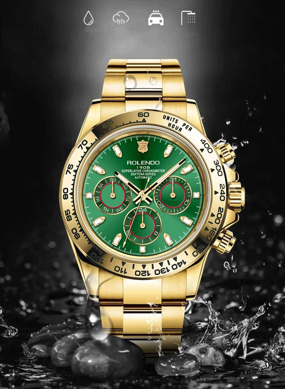 A PACOSHOP24.COM orologio automatico uomo cronografo con lunetta in ceramica e vetro zaffiro è mostrato con schizzi d'acqua. Le icone evidenziano resistenza all'acqua, robustezza e stile moderno.