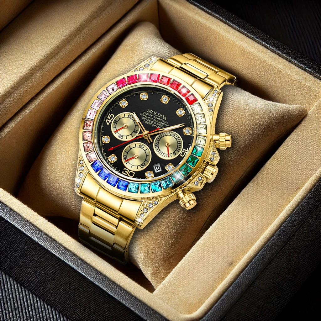 Il PACOSHOP24.COM Orologio uomo Mod. Rainbow Limited edition è un orologio da polso di lusso in oro con quadrante nero, tre contatori, lunetta con pietre preziose multicolori, realizzato in acciaio inossidabile e presentato in una scatola di gioielli imbottita.