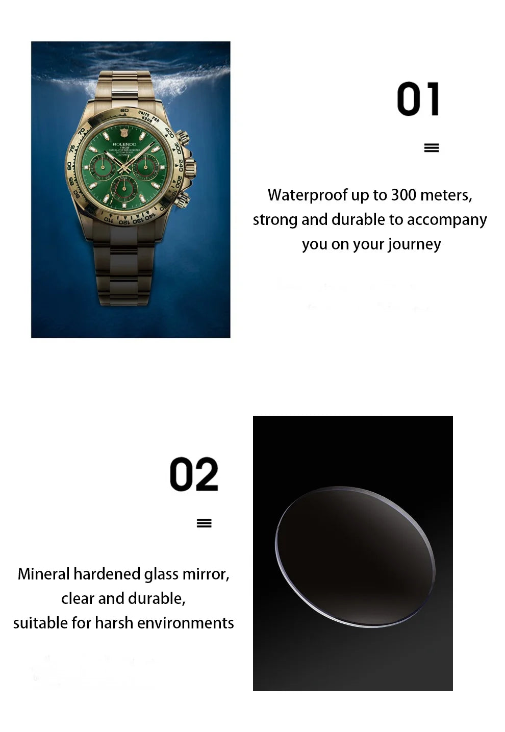 Un cronografo automatico uomo PACOSHOP24.COM con lunetta in ceramica e vetro zaffiro, con cassa in oro, quadrante verde e impermeabilità fino a 300 metri per una maggiore durata sott'acqua.