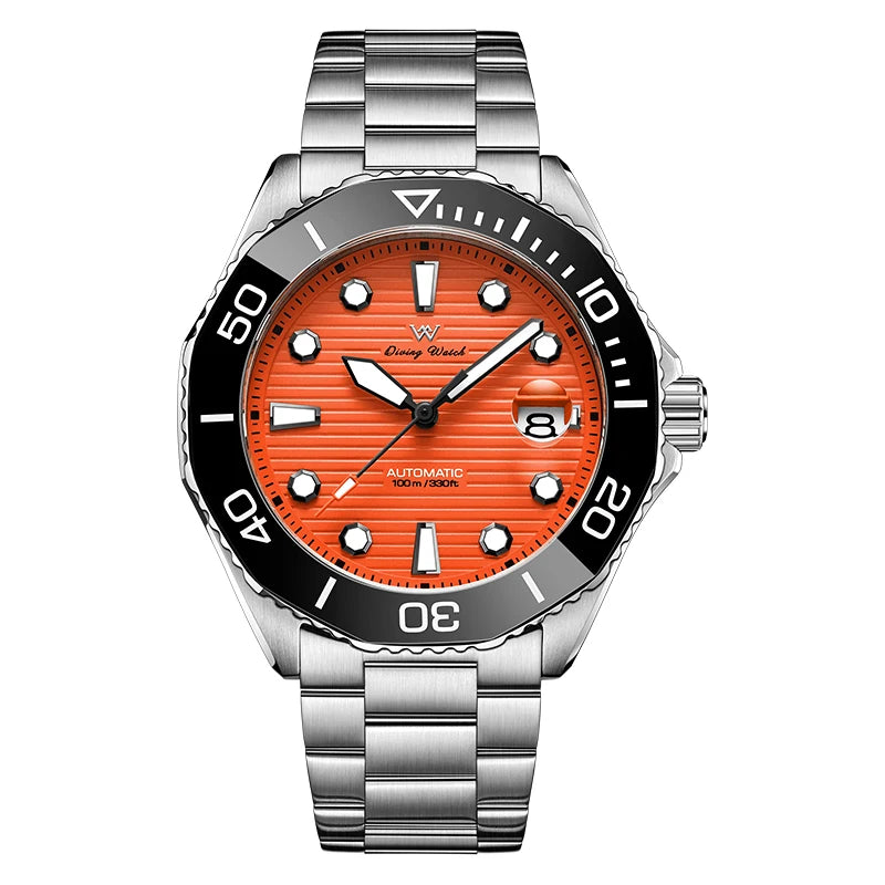 L'Orologio Automatico Acciaio Inossidabile vetro Zaffiro di PACOSHOP24.COM ha un quadrante arancione brillante, indici bianchi, lunetta girevole nera, vetro zaffiro, data a ore 3 e bracciale a maglie argentate.