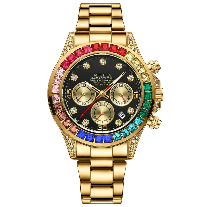 L'Orologio uomo Mod. Rainbow Limited edition di PACOSHOP24.COM è caratterizzato da un cinturino in acciaio inossidabile dorato, lunetta gioiello con pietre multicolori, quadrante nero con tre contatori, indici di diamanti e marchio a vista sul quadrante.