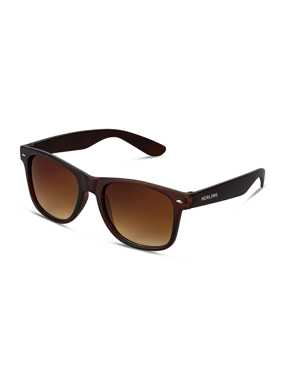 Gli Herling Occhiali da sole Aura sono occhiali da sole con lenti sfumate marroni e montatura in policarbonato in stile classico wayfarer. La scritta "HERLING" è incisa in bianco sulla stanghetta sinistra. Presentati su sfondo bianco.