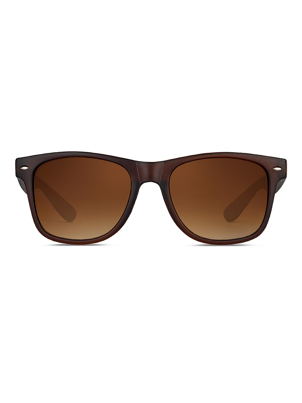Herling Occhiali da sole Aura sono occhiali da sole stile wayfarer marroni con lenti sfumate marrone scuro, realizzati in resistente occhiali policarbonato e con protezione UV 400, presentati frontalmente su sfondo bianco.
