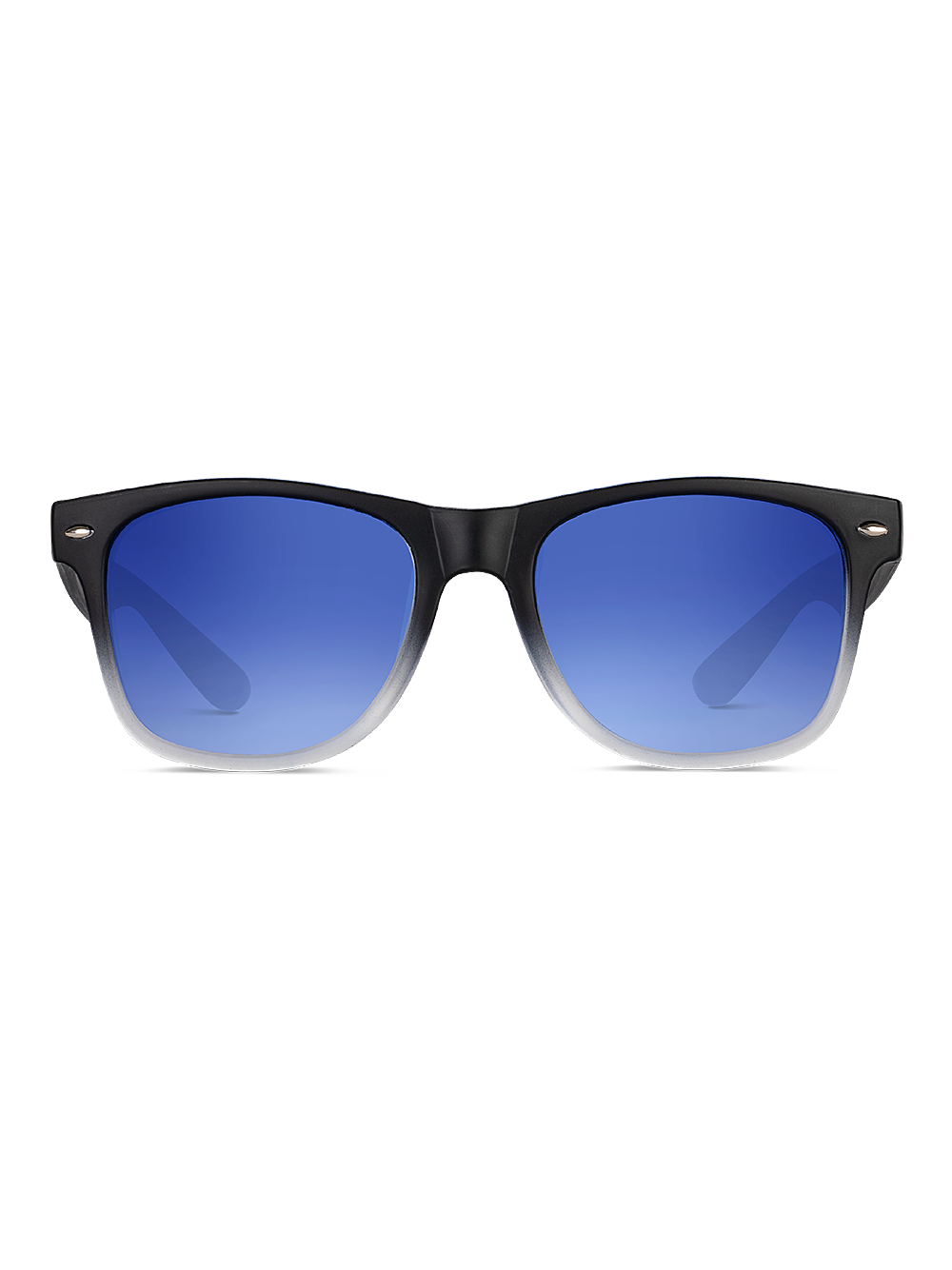 Gli Herling Occhiali da sole Aura sono caratterizzati da una resistente montatura nera e da lenti colorate blu con protezione UV 400, visualizzate su un semplice sfondo bianco rivolto in avanti.