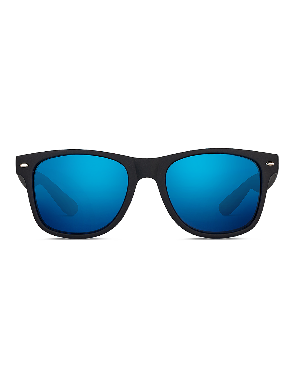 Gli Herling Occhiali da sole Aura sono caratterizzati da una montatura in policarbonato nero e da lenti blu specchiate con protezione UV 400, su sfondo bianco.