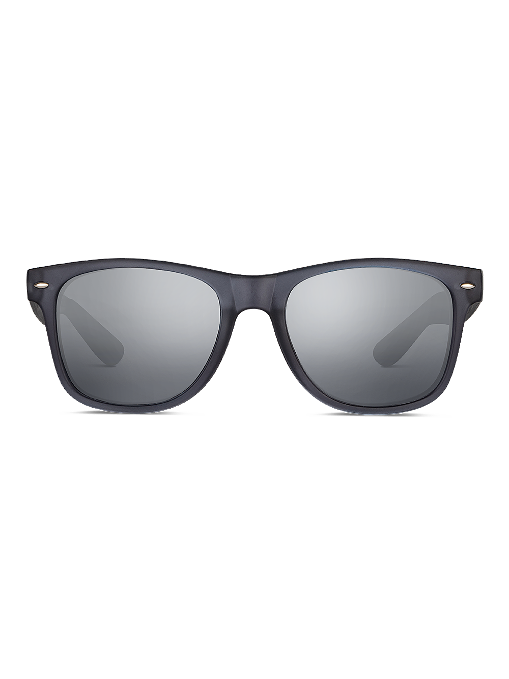 Herling Occhiali da sole Aura: occhiali da sole neri in stile wayfarer con lenti argentate riflettenti, in policarbonato resistente e con protezione UV 400, su sfondo bianco.