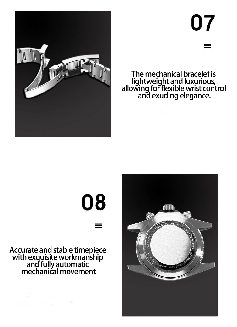 Due sezioni: la parte superiore mostra un primo piano di un bracciale PACOSHOP24.COM lucido, che evidenzia flessibilità ed eleganza; la parte inferiore mostra il fondello di un Orologio automatico uomo cronografo lunetta ceramica vetro zaffiro, sottolineando la precisione del movimento.