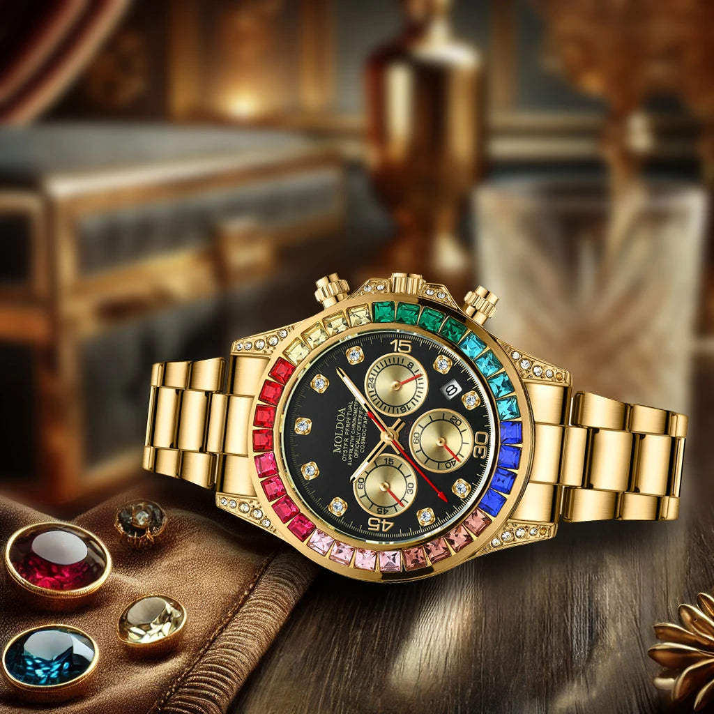 L'Orologio uomo Mod. Rainbow Limited Edition di PACOSHOP24.COM è caratterizzato da cassa in oro, quadrante nero, lunetta con gemme multicolori e indici in diamanti, esposti su pelle marrone accanto ad anelli scintillanti con un elegante sfondo sfocato.