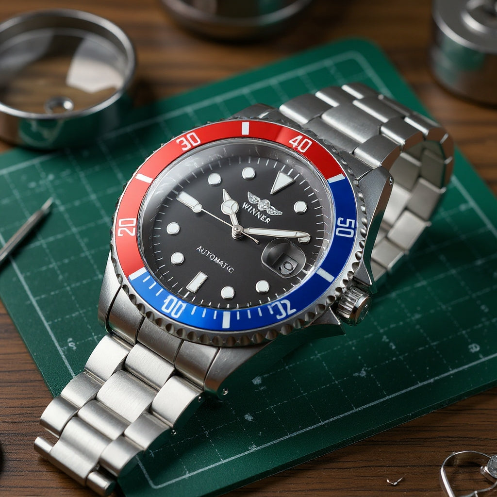 Un PACOSHOP24.COM Orologio automatico uomo meccanico mod. Gmt, con lunetta rossa e blu, quadrante nero e bracciale in acciaio inossidabile, è adagiato su un tappetino da taglio verde in mezzo a strumenti e parti di orologeria su legno.