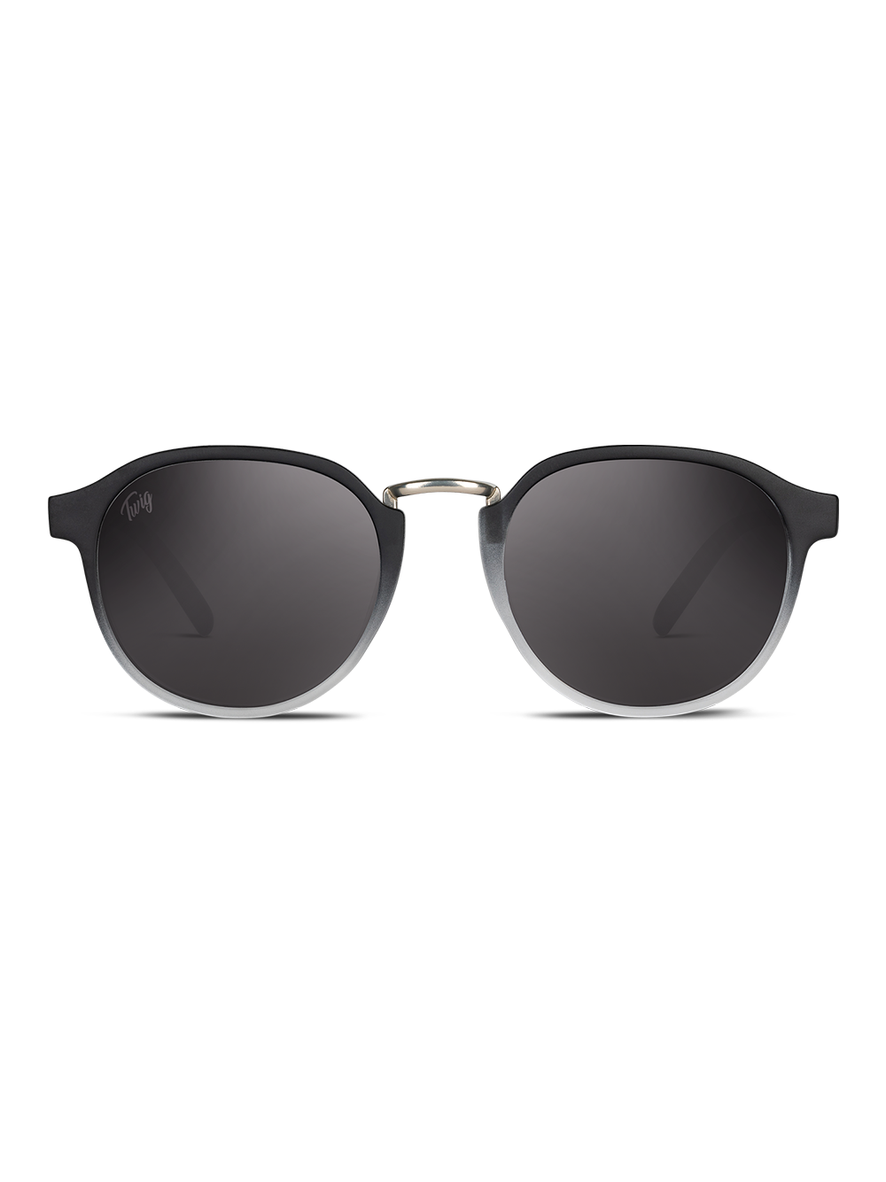 Occhiali da sole Bloom di TWIG Concept Milano - occhiali da sole tondi neri unisex con lenti scure, ponte sottile e metallico e montatura in policarbonato con protezione UV 400. Visualizzati su sfondo bianco.