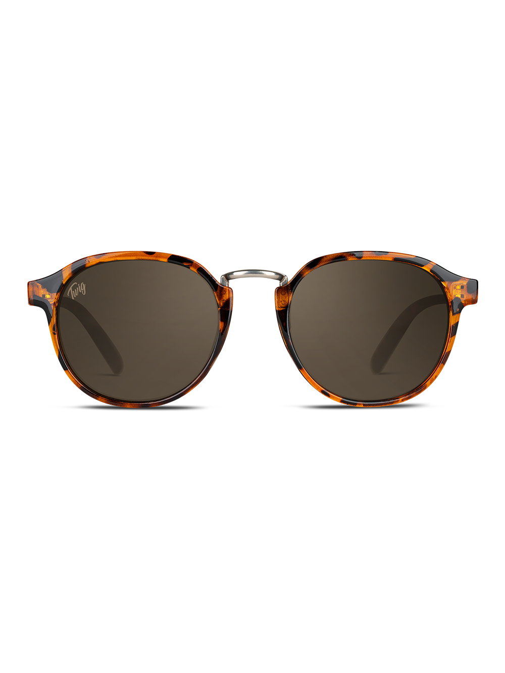 Gli Occhiali da sole Bloom di TWIG Concept Milano sono occhiali da sole rotondi unisex con montatura tartarugata, ponte nasale argentato e lenti in policarbonato UV 400 colorate, su sfondo bianco.