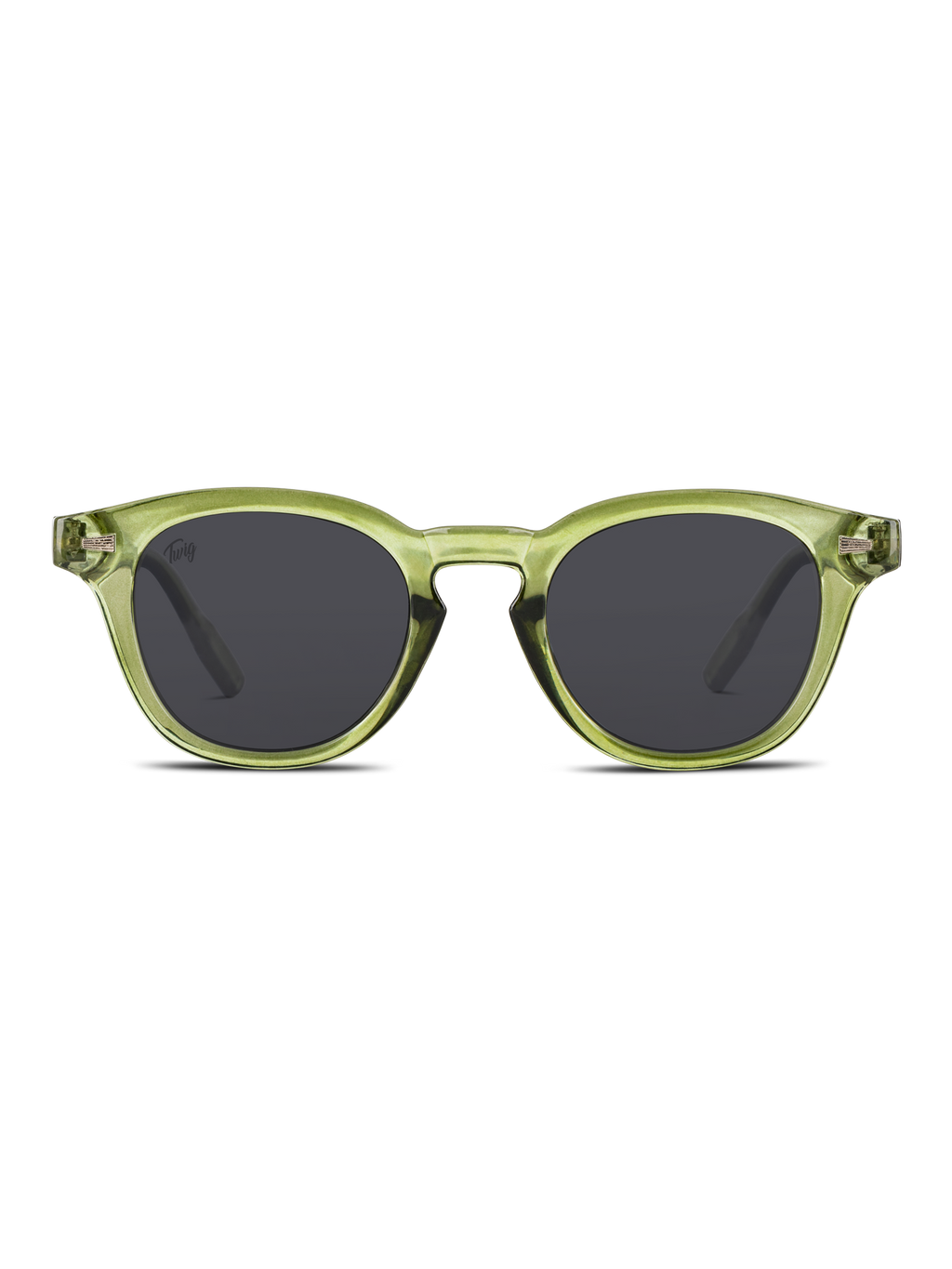 TWIG Concept Milano Occhiali da sole Bauman: montatura traslucida verde con lenti rotonde nere, protezione UV 400, raffigurate frontalmente su sfondo bianco.