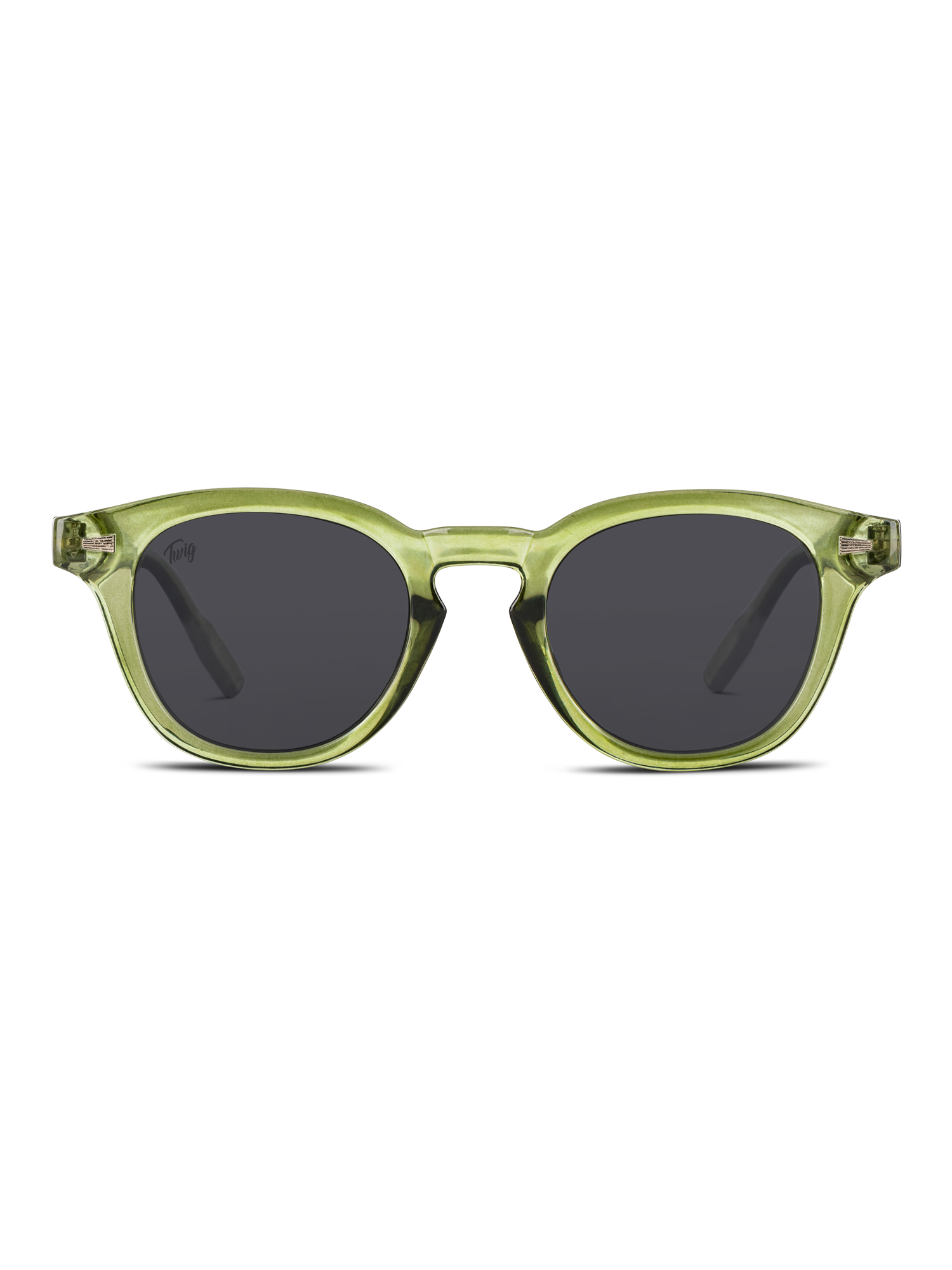 TWIG Concept Milano Occhiali da sole Bauman: montatura traslucida verde con lenti rotonde nere, protezione UV 400, raffigurate frontalmente su sfondo bianco.