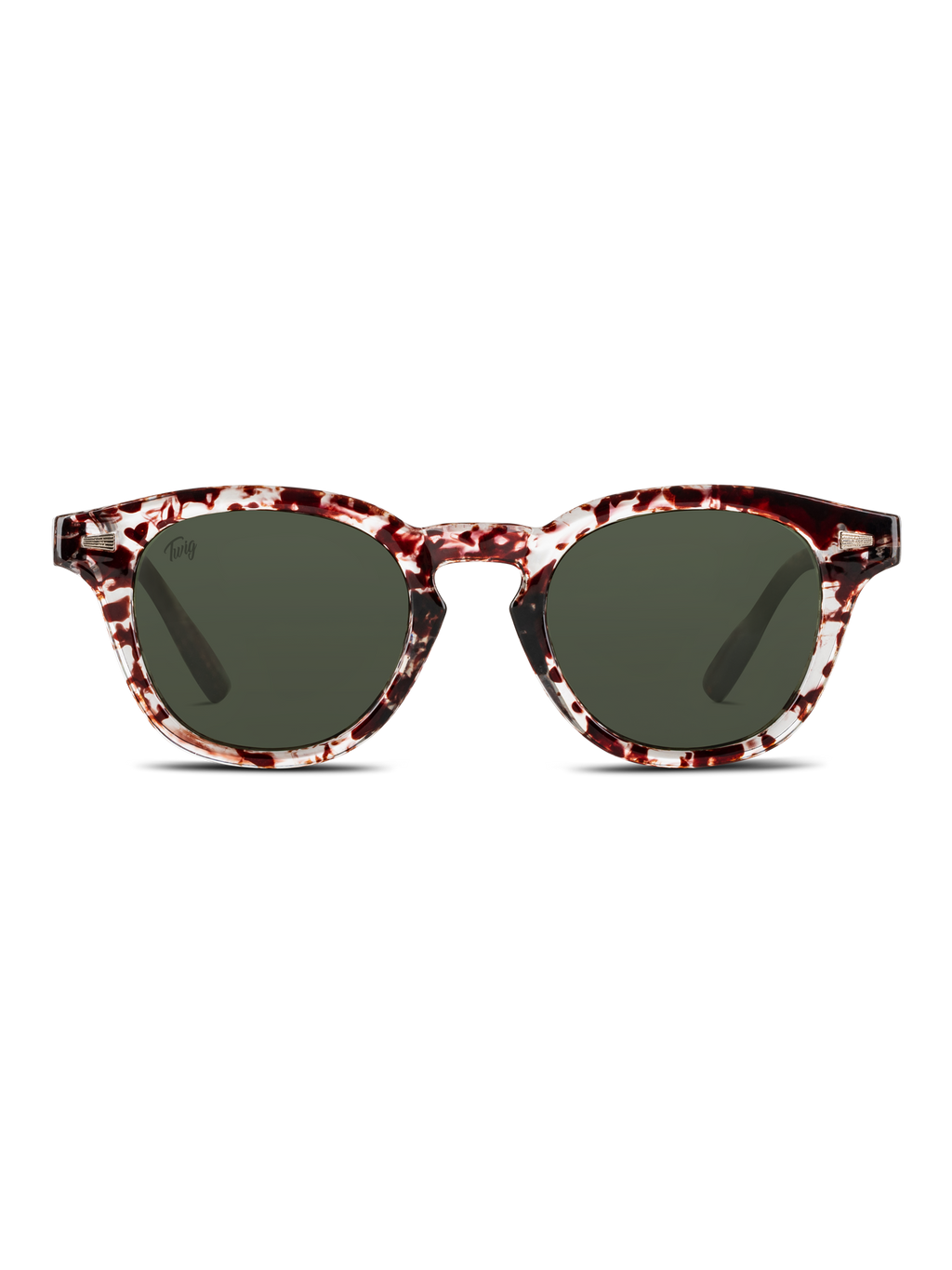 Occhiali da sole Bauman di TWIG Concept Milano con lenti colorate verdi e montatura in acetato marmorizzato rosso, bianco e nero, che offre protezione UV 400. In foto, su sfondo bianco.