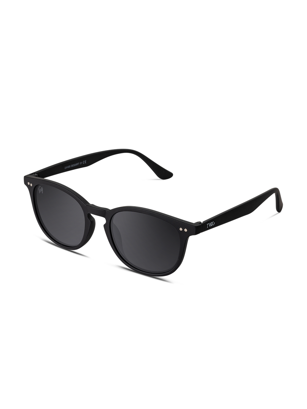 I TWIG Concept Milano Occhiali da sole Bogart sono occhiali da sole rotondi unisex di colore nero, con lenti scure, finitura lucida e angoli argentati. Realizzati in resistente policarbonato con protezione UV 400, su sfondo bianco.