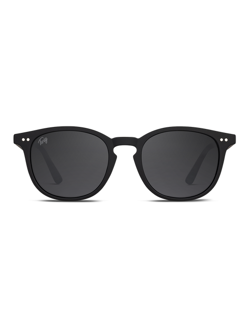 Gli Occhiali da sole Bogart di TWIG Concept Milano sono occhiali tondi neri in policarbonato, con lenti scure, ponte a occhiello, protezione UV 400, design unisex e cerniere argentate, su sfondo bianco.