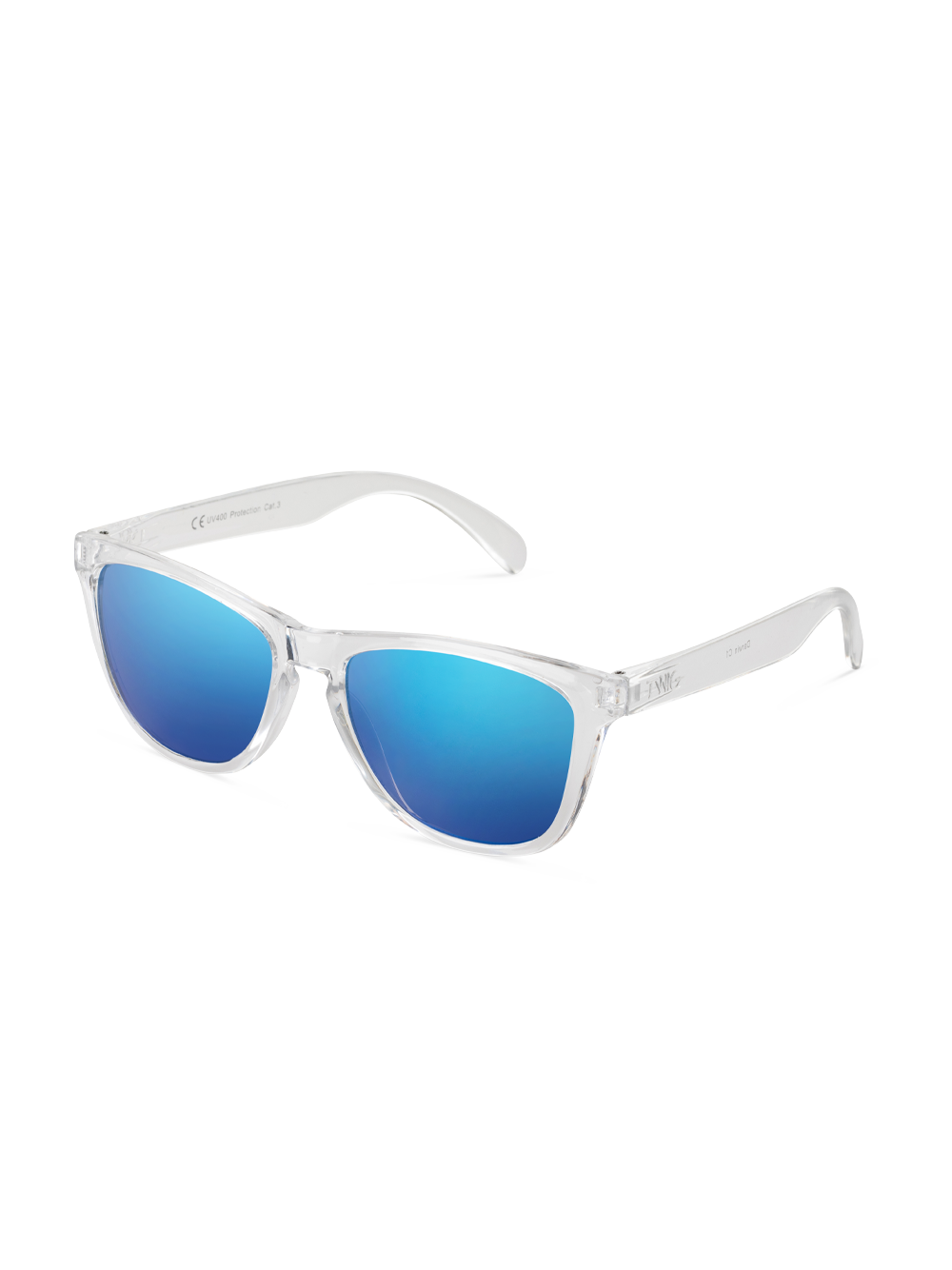 I TWIG Concept Milano Occhiali da sole Darwin sono caratterizzati da montatura in plastica trasparente e lenti blu specchiate per una protezione elegante e duratura, su sfondo bianco.