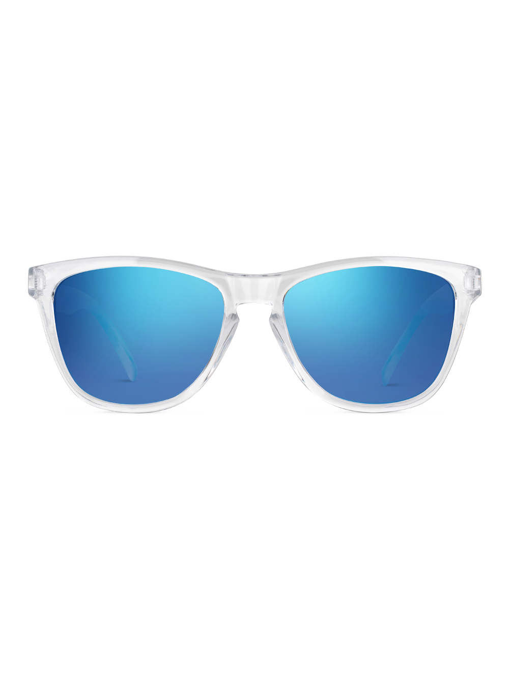 Occhiali da sole Darwin di TWIG Concept Milano, con montatura trasparente e lenti blu riflettenti con protezione UV 400, su sfondo bianco.