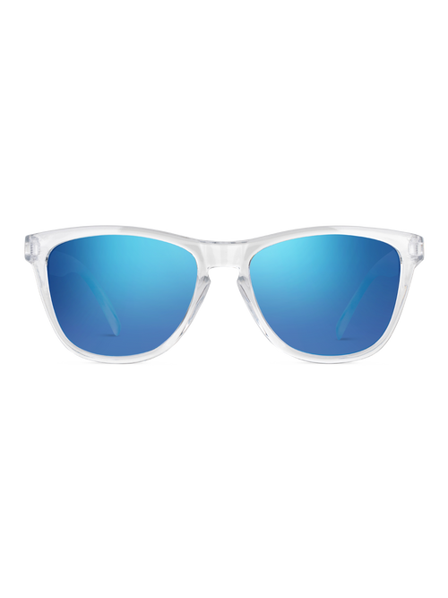 Occhiali da sole Darwin di TWIG Concept Milano, con montatura trasparente e lenti blu riflettenti con protezione UV 400, su sfondo bianco.