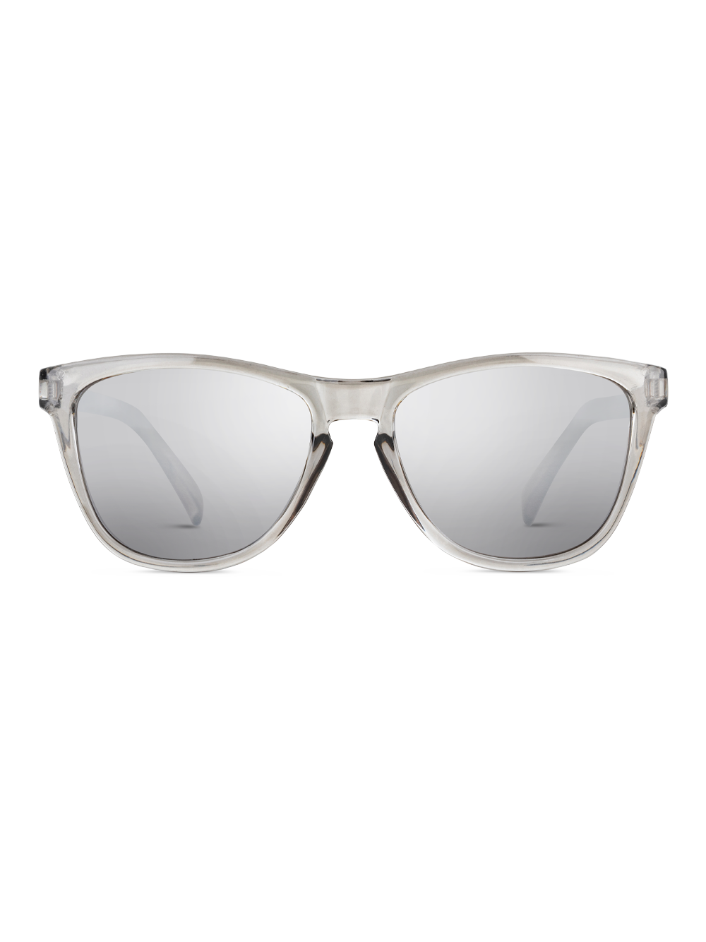 Gli Occhiali da sole Darwin di TWIG Concept Milano sono caratterizzati da montatura trasparente e lenti a specchio con protezione UV 400. Mostrati rivolti in avanti su uno sfondo bianco, questi resistenti occhiali da sole coniugano stile e sicurezza degli occhi.