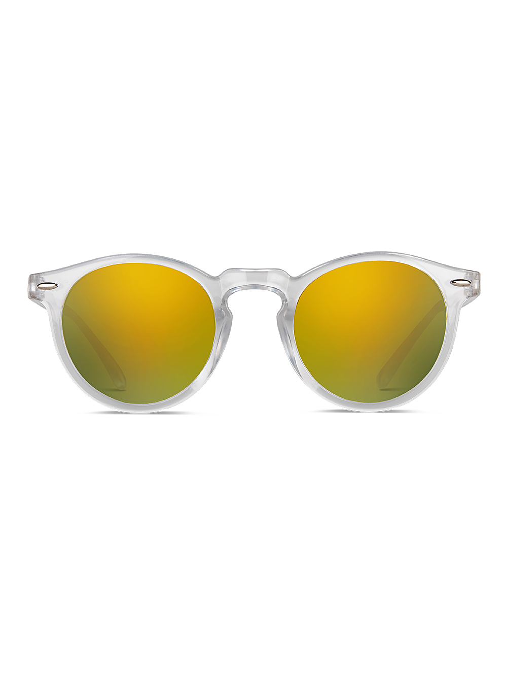 Gli Smooder Occhiali da sole Dogma sono caratterizzati da montatura chiara, lenti rotonde riflettenti giallo-oro e montatura leggera in policarbonato. Su sfondo bianco, offrono una protezione UV 400 per un uso sicuro ed elegante.