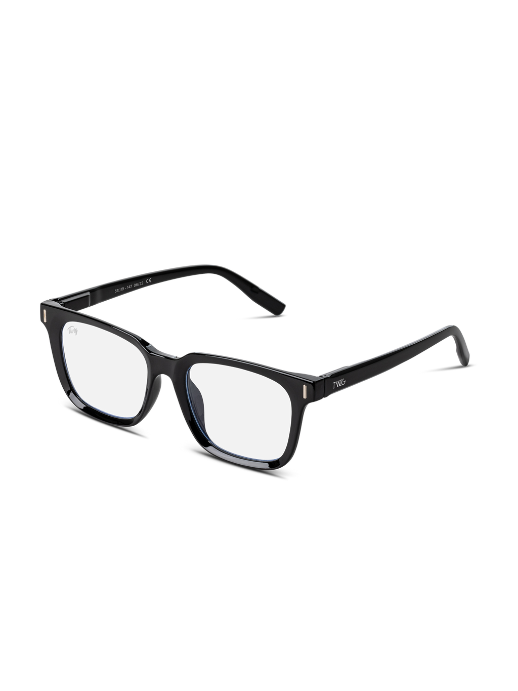 I TWIG Concept Milano Occhiali luce blu Fleming sono caratterizzati da cerchi neri rettangolari e lenti trasparenti per ridurre lo stress visivo, mostrati angolati su sfondo bianco.