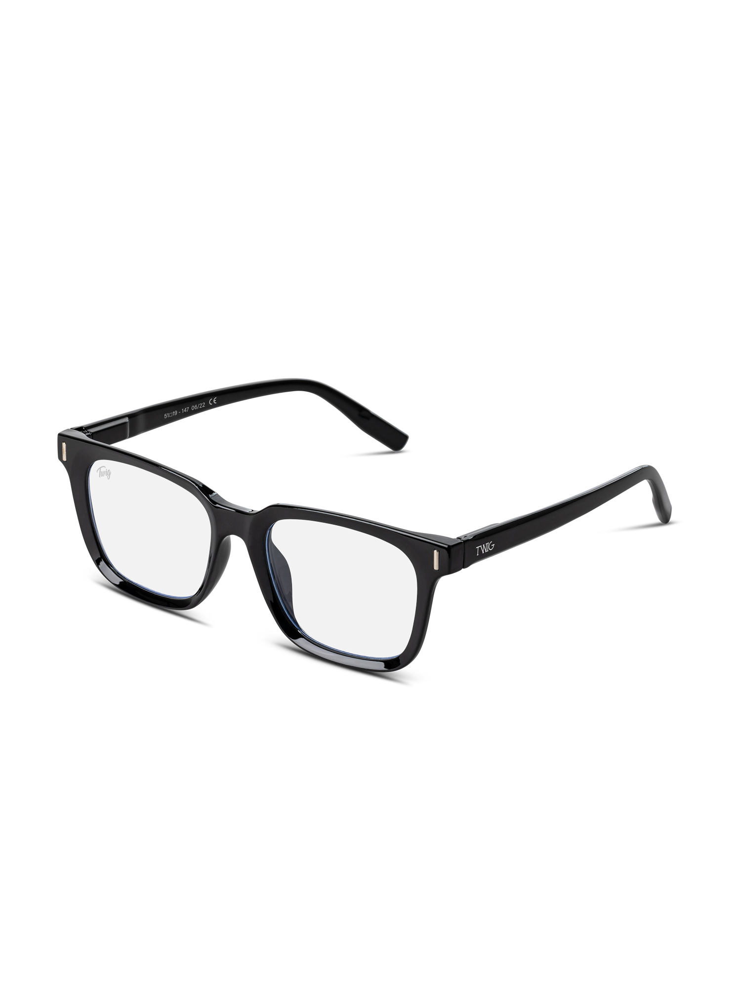 I TWIG Concept Milano Occhiali luce blu Fleming sono caratterizzati da cerchi neri rettangolari e lenti trasparenti per ridurre lo stress visivo, mostrati angolati su sfondo bianco.